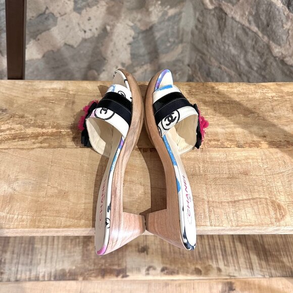 Chanel Vintage Graffiti Flower Accent Slip-on Wooden Sandals - Picture 8 of 11